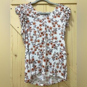 ❤️❤️Perseption Floral White & Orange Ruffled Shortsleeved V-neck High-Low Blouse
